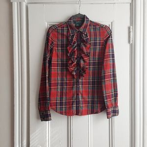 Vintage Ralph Lauren Ruffle Front Plaid Shirt, Size Small